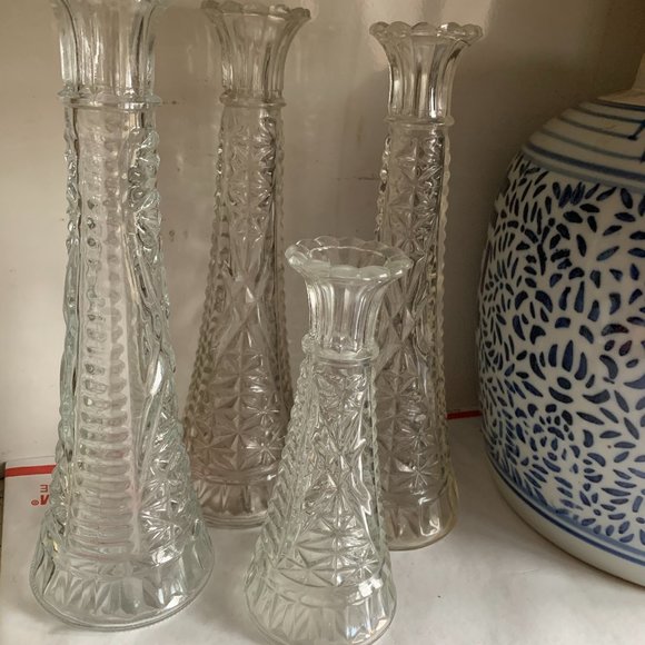 Vintage Other - 4 Vintage Etched Patterned Clear Glass Bud Vases